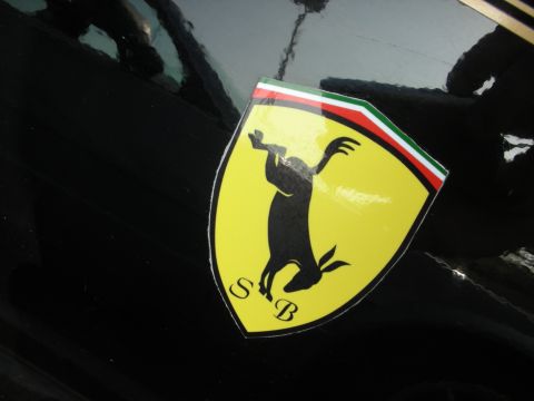 1998 Ford Crown Victoria - parody Ferrari shield sticker showing a black donkey with the letters S and B, applied to glossy black paint.