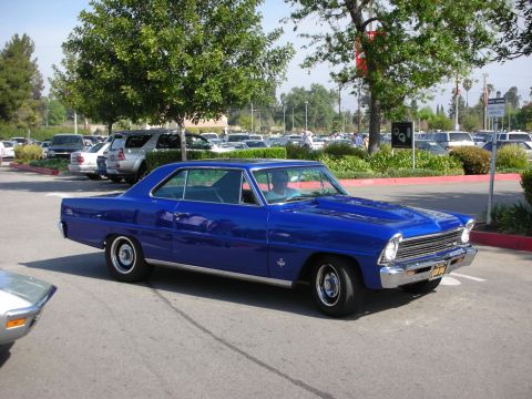 1998 Ford Crown Victoria - blue 1960s Chevrolet Nova two-door coupe with chrome trim parked at an outdoor car gathering.