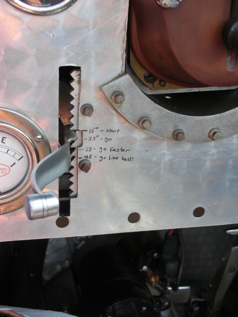 1998 Ford Crown Victoria - riveted aluminum dash panel with a notched throttle lever hand-labeled start, go, go faster, and go like hell.