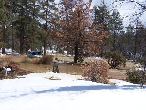 1996 Ford Bronco - A silver SUV navigates a water crossing in a snowy, wooded landscape.