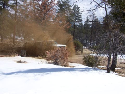 1996 Ford Bronco - This 1996 Ford Bronco is navigating a dusty, wooded trail with patches of snow on the ground.