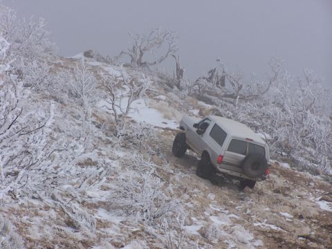 1996 Ford Bronco - A white SUV navigates a challenging, snow-covered mountain trail amidst frosted vegetation and fog.