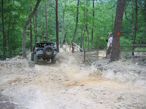 1992 Ford Mustang - An off-road vehicle tackles a challenging dirt path surrounded by dense forest, with a person observing from the side.