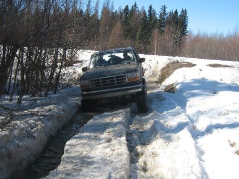 1995 Ford Bronco - A Ford Bronco navigates a challenging snowy terrain, demonstrating its off-road capabilities.