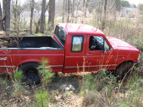 1995 Ford F-150 - Red 1995 Ford F-150 pickup truck is parked off-road in a wooded area.