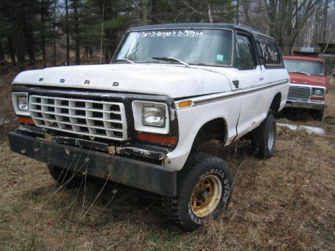 1979 Ford Bronco - A white Ford Bronco sits in a wooded area next to a red Ford truck, with text on its windshield.