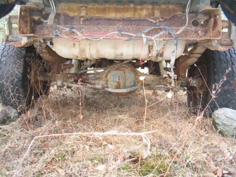 1979 Ford Bronco - The rear axle and fuel tank of a heavily rusted vehicle are visible, surrounded by dry grass and weeds.