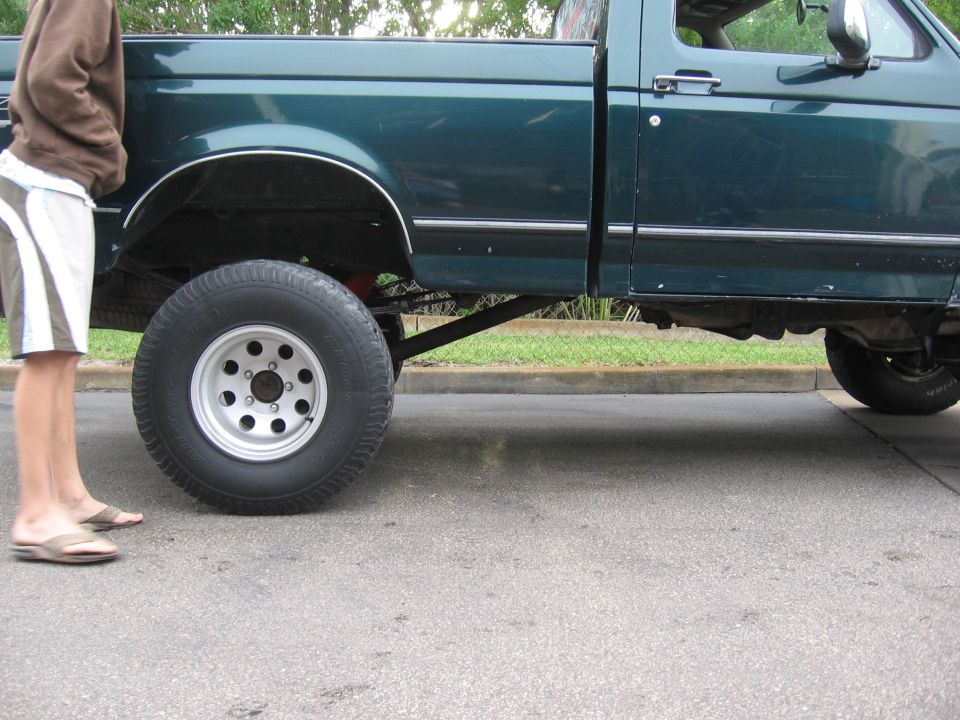Green pickup truck side view, showing large tires and lifted suspension. A person stands to the left