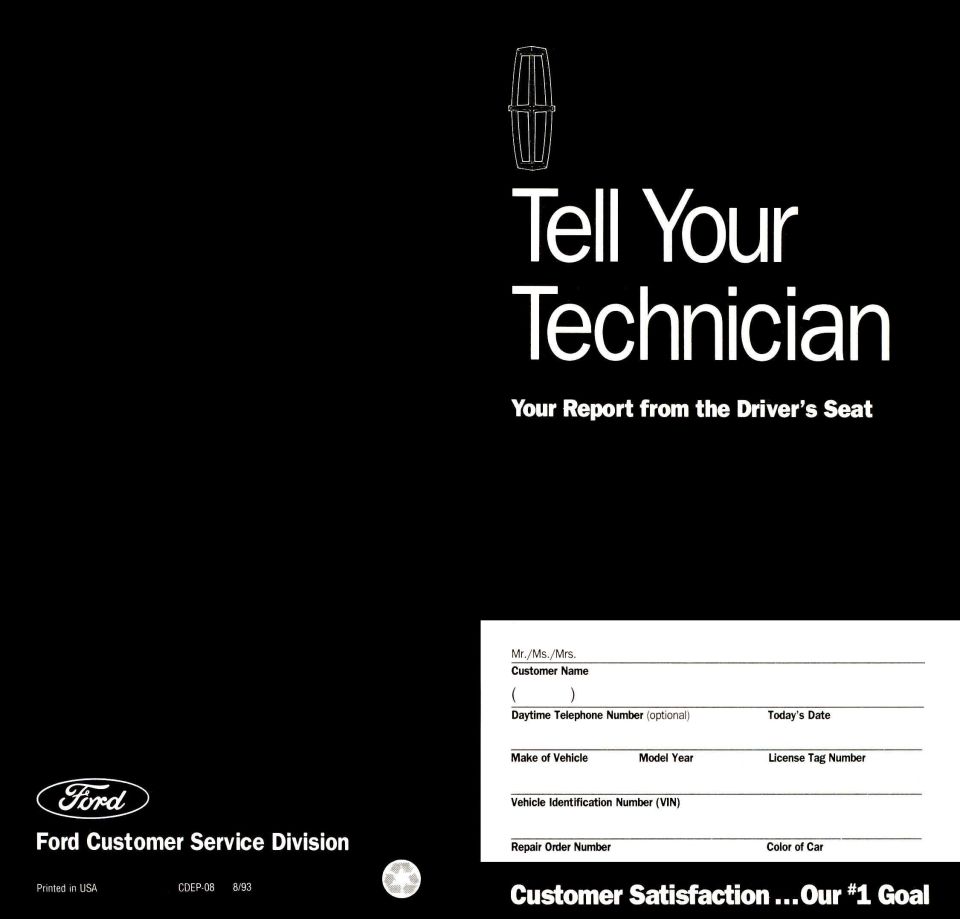 Ford 'Tell Your Technician' customer service booklet cover