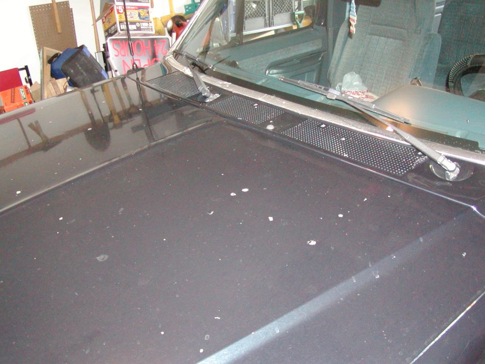 Dark hood and cowl of a vehicle in a garage