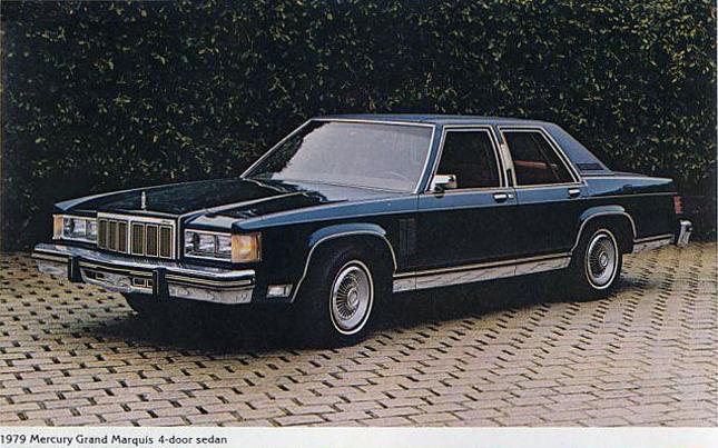 1979 Mercury Grand Marquis four-door sedan brochure photo, dark blue, front view
