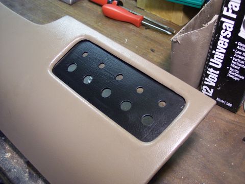 1996 Ford Bronco - Switch panel mounted up and ready to receive toggle switches. The top row of smaller holes is for the LED indicator lights.