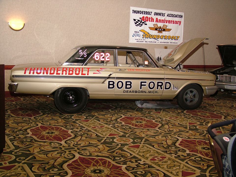 1964 Ford Thunderbolt race car with "THUNDERBOLT" and "BOB FORD INC. DEARBORN, MICH." lettering, S/S 622 on window