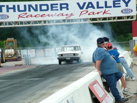 1972 Ford Ranchero - Car performs a burnout at Thunder Valley Raceway Park, kicking up smoke.