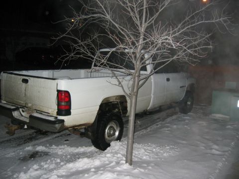 2001 Dodge 2500 - A white Dodge 2500 pickup truck is parked in the snow at night, partially obscured by a bare tree.