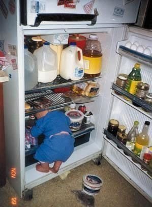 1976 Ford F-150 - A child is inside a refrigerator, surrounded by food and drink containers.