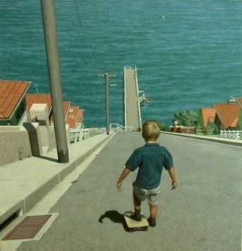1976 Ford F-150 - A boy skates down a steep street towards the ocean, casting a long shadow.