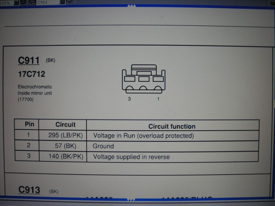 C911 connector pinout for electrochromatic mirror with three-pin circuit table