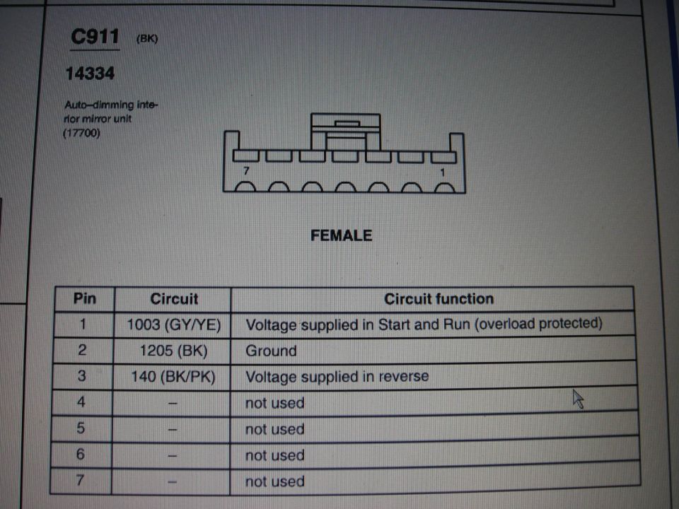 C911 female connector pinout for auto-dimming mirror with seven-pin circuit table