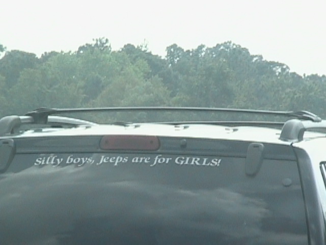 Rear window decal reading Silly boys, Jeeps are for GIRLS