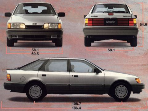 1975 Ford Torino - This diagram displays front, rear, and side views of a Ford Scorpio, including various measurements.