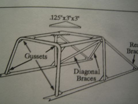 1968 Ford Mustang - Dimensioned roll-cage fabrication drawing labeling gussets and diagonal braces with .125 by 3 by 3 inch tubing specification.