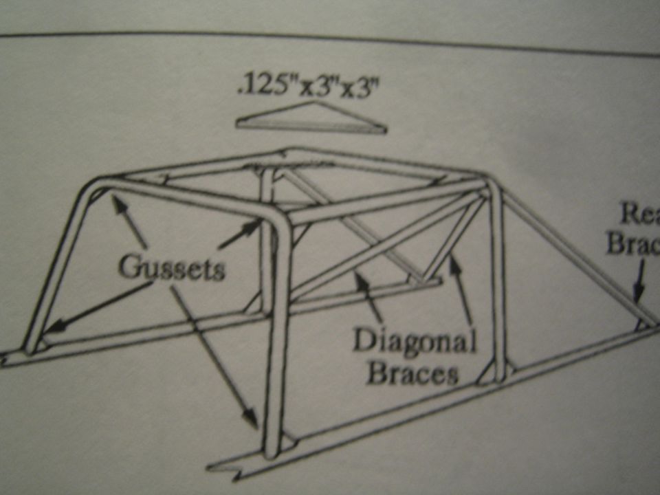 Dimensioned fabrication drawing of a roll cage labeling gussets, diagonal braces and tubing size