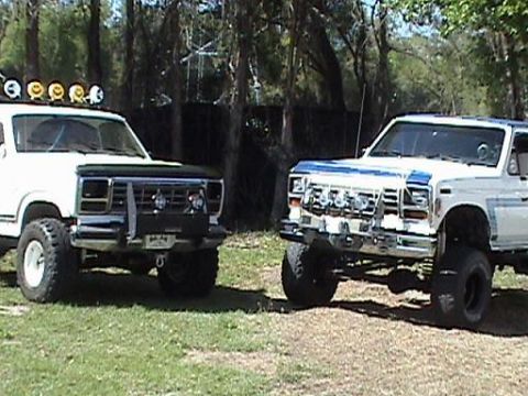 1986 Ford Bronco - Two modified Ford trucks are parked side-by-side in a grassy area with trees in the background.