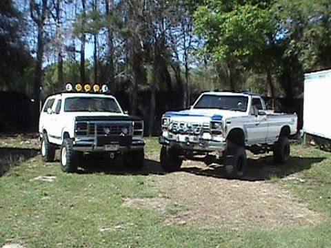 1986 Ford Bronco - Two lifted Ford trucks, a Bronco and a pickup, parked outdoors on a sunny day.