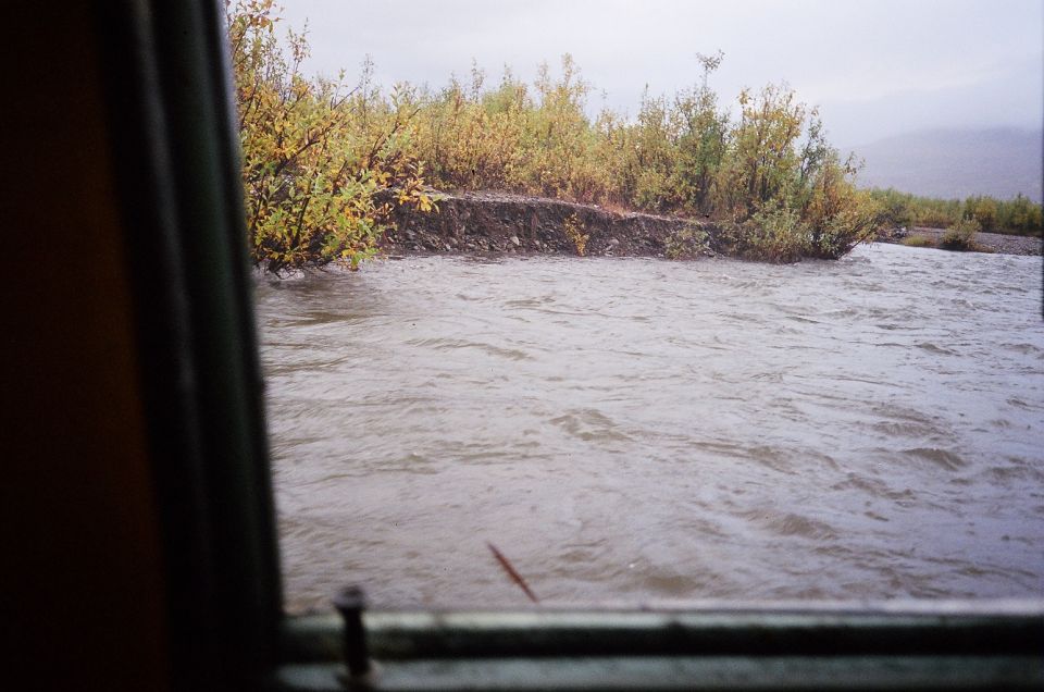 View out a green window frame at a muddy river and brushy bank under gray sky