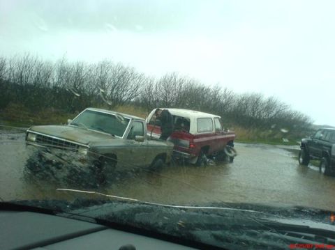 1983 Ford Ranger - Several vehicles are submerged in water on a cloudy day, with bare trees in the background.