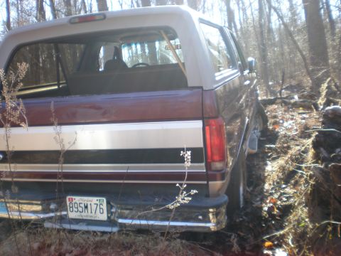 1996 Ford Bronco - The rear of a Ford Bronco is seen on a dirt path surrounded by trees and brush.