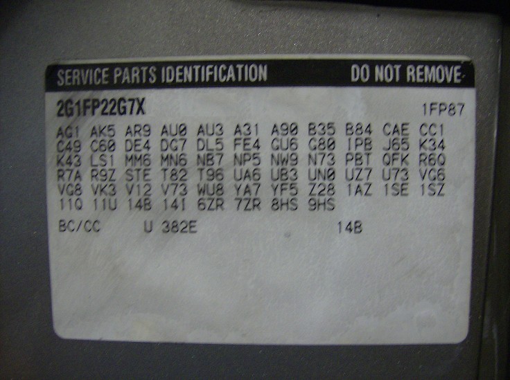 '99 Camaro Service Parts Identification label with VIN 2G1FP22G7X and RPO option codes
