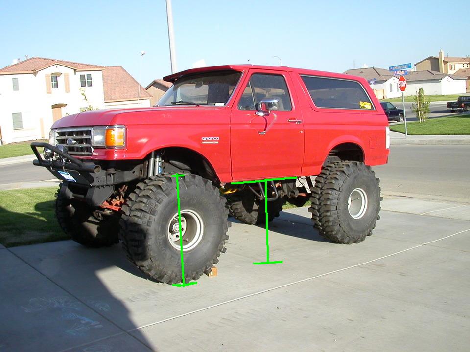 Red Ford Bronco with large tires and suspension lift, parked on a driveway