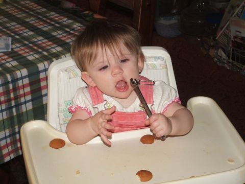 1966 Ford Ranchero - A baby sits in a high chair, holding a wrench and surrounded by food, with a checkered tablecloth in the background.
