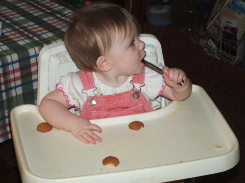 1966 Ford Ranchero - A baby sits in a high chair, holding a spoon and surrounded by cookies.