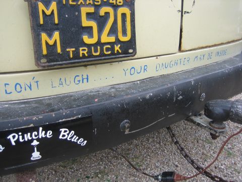 1996 Ford Bronco - A bumper sticker reads "Don't Laugh... Your Daughter May Be Inside" above a Texas license plate.
