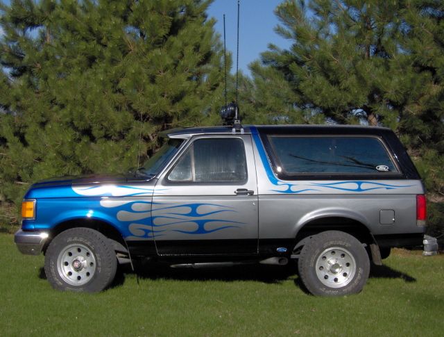 Side view of silver Ford Bronco with blue flame graphics and black top, parked on grass by pine trees