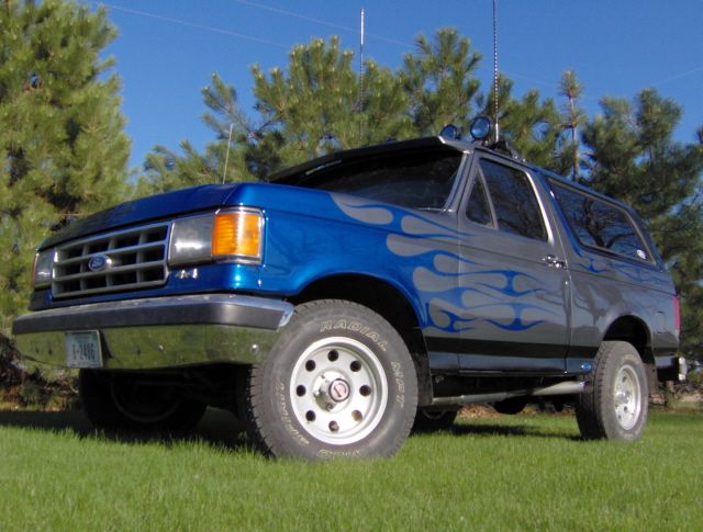 Blue Ford Bronco SUV with flame graphics parked on grass