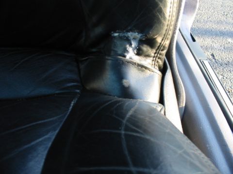 1995 Ford Thunderbird - The interior of a car shows a stained leather seat with a shoe nearby. The website watermark is visible at the bottom right.