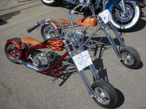 1998 Ford Crown Victoria - Mini choppers with flame graphics and custom seats are displayed for sale.