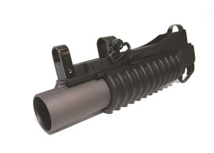 1998 Ford Crown Victoria - Close-up of a grenade launcher attachment against a white background.
