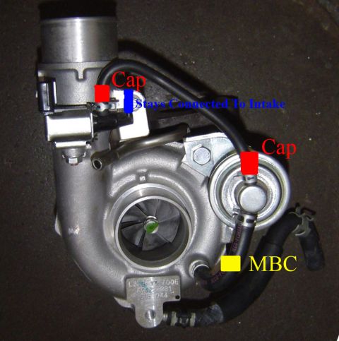 1994 Ford Probe - Turbocharger assembly with various hoses and labeled components, including an MBC.