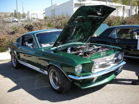 1998 Ford Crown Victoria - A green 1967 Ford Mustang Fastback is parked with its hood open, revealing the engine bay.