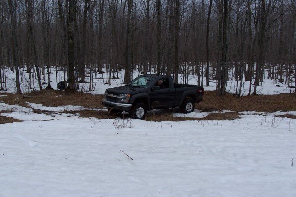 Black pickup truck parked in a snowy wooded area. The truck appears to be a Chevrolet Colorado