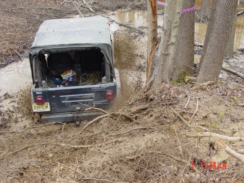 1995 Dodge 1500 - A black Jeep Wrangler navigates through a muddy off-road trail, getting stuck near trees.