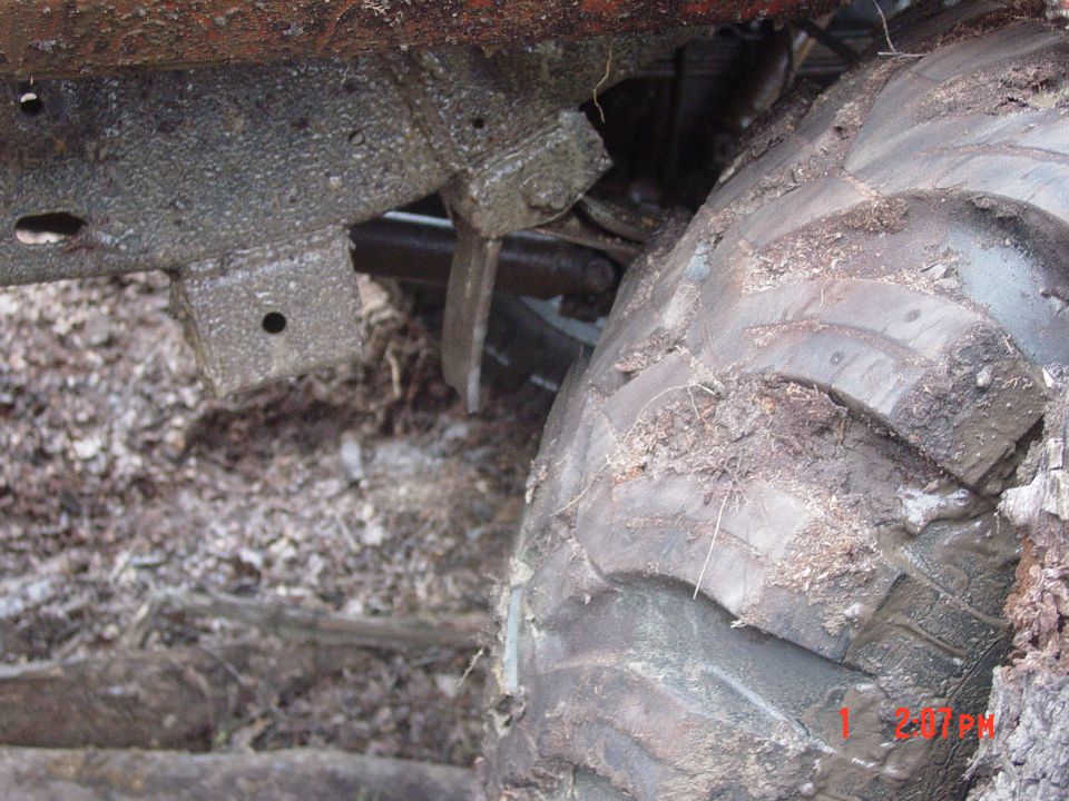 Mud-covered tire and chassis detail