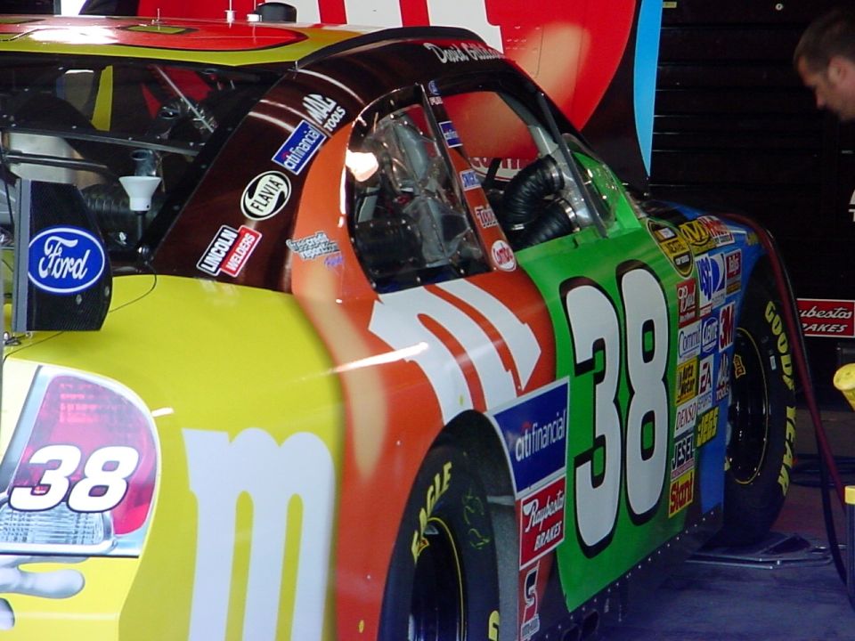 M&M's sponsored race car with number 38 and Ford logo