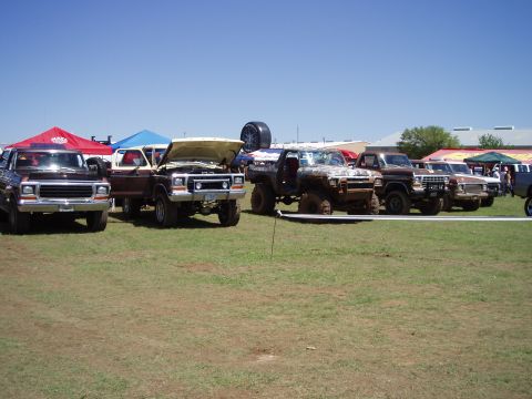 1978 Ford Bronco - Several Ford trucks and SUVs are parked on a grassy field under a clear blue sky.