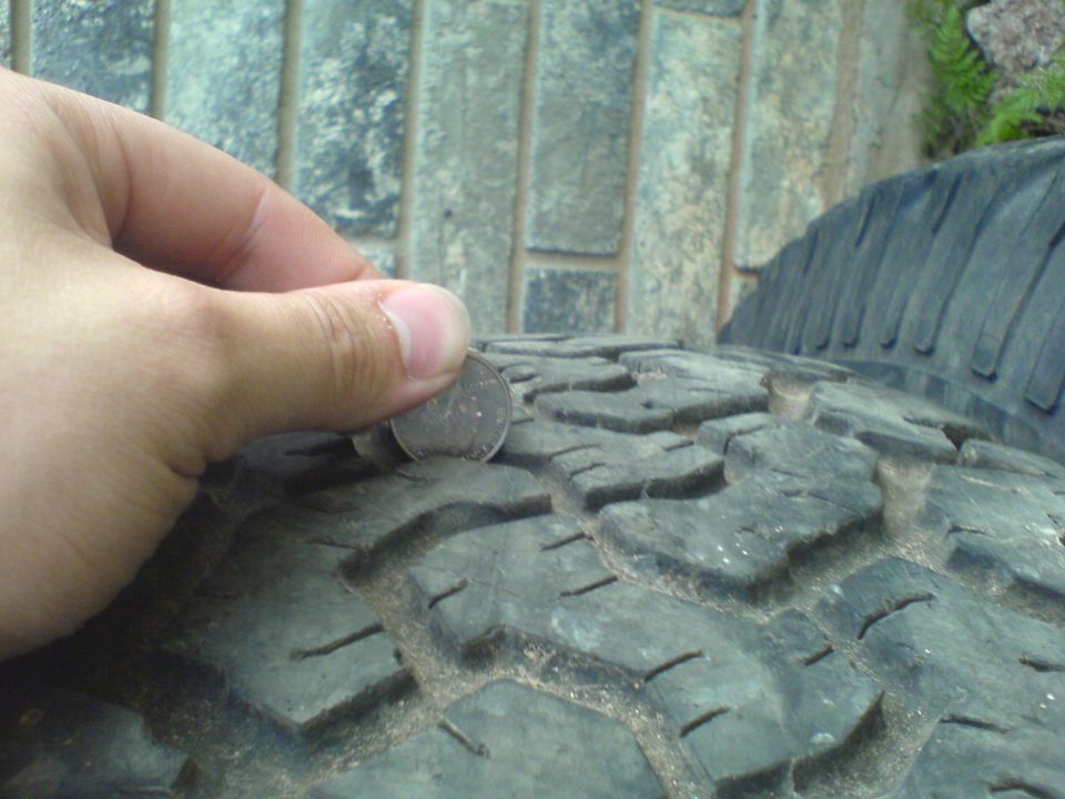 Hand using a coin to check tread depth in a tire's grooves